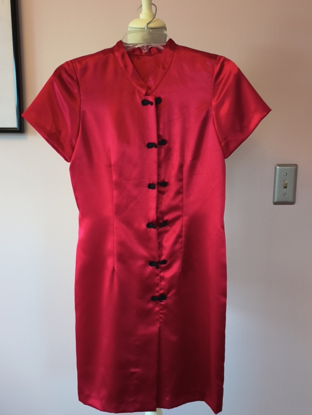Red Satin Mandarin Collar Dress with Frog Buttons